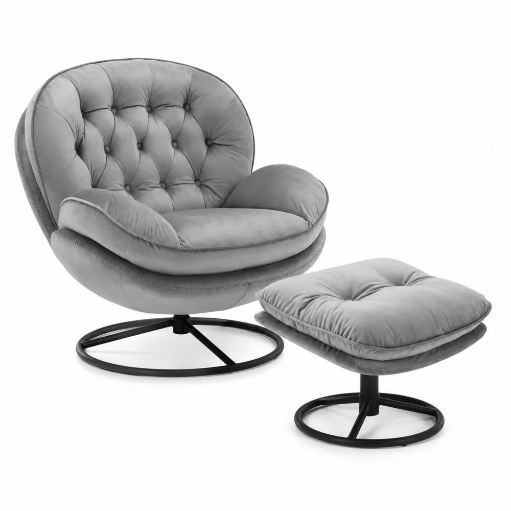Fauteuil en velours avec repose-pieds et base en métal