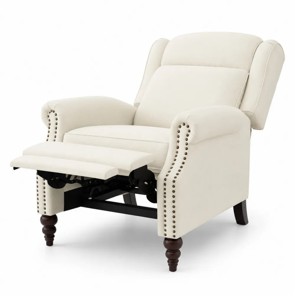 Fauteuil inclinable en tissu lin avec repose-pieds réglable et pieds en bois