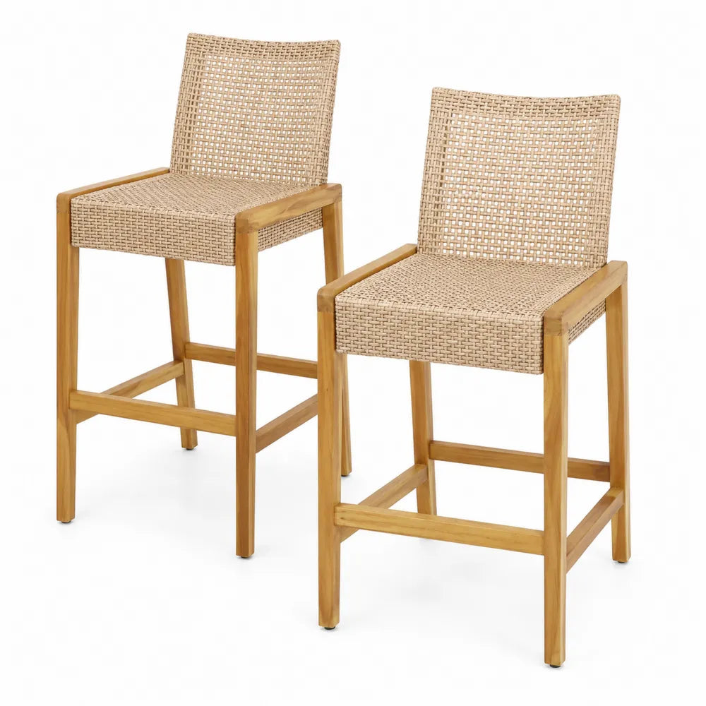 Lot de 2 tabourets de bar en bois d'acacia et résine tressée