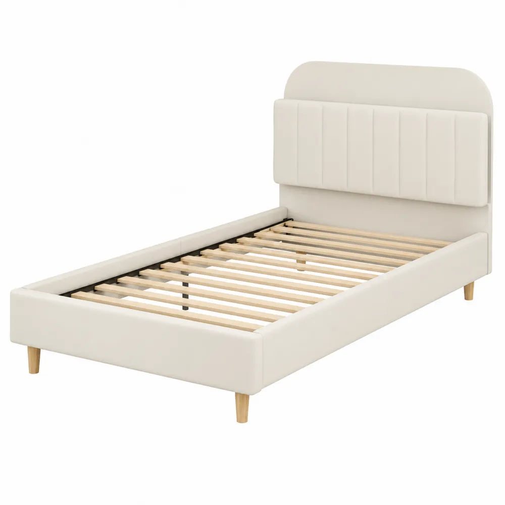 Lit simple en cuir synthétique Blanc avec pieds en bois