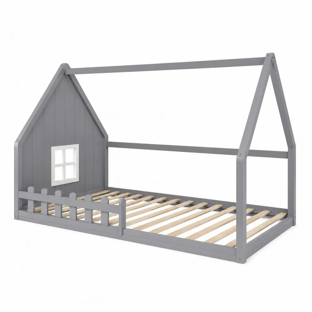 Lit enfant en bois gris forme maison 90x200 cm
