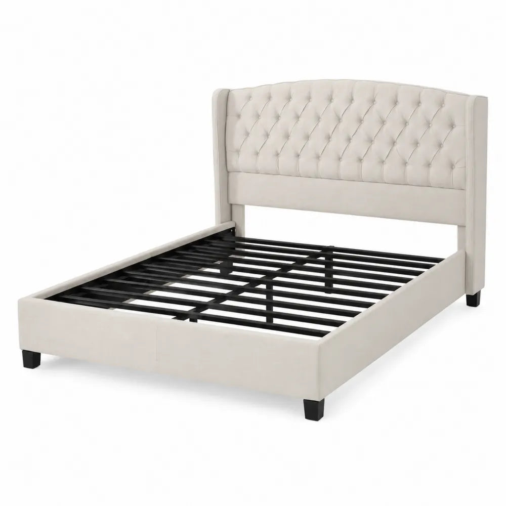 Lit double en bois et acier avec tête de lit capitonnée en tissu 200x150 cm Beige