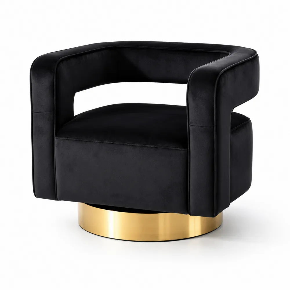Fauteuil pivotant en velours noir avec base en métal doré