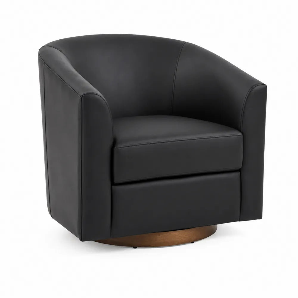 Fauteuil pivotant en simili cuir noir avec base en bois