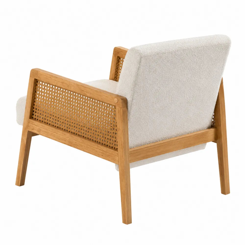 Fauteuil en bois de chêne avec dossier en rotin tissé et revêtement beige
